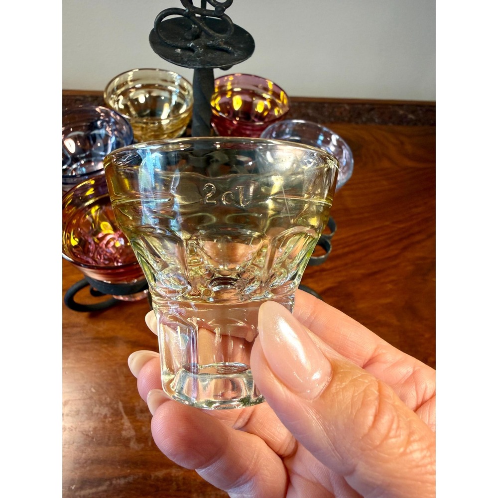 Vintage Cordial Glass Set • Dancing Couple Bar Caddy with 6 Colorful Glasses - Picture 11 of 17
